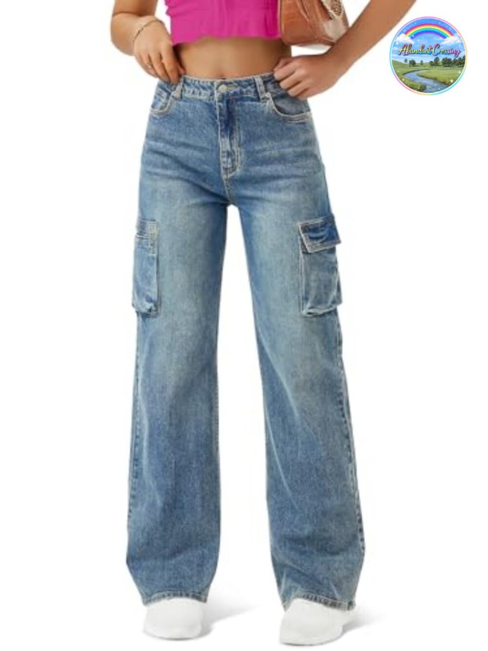 Women's High-Waisted Wide-Leg Cargo Jeans with 6 Pockets Baggy Utility Denim